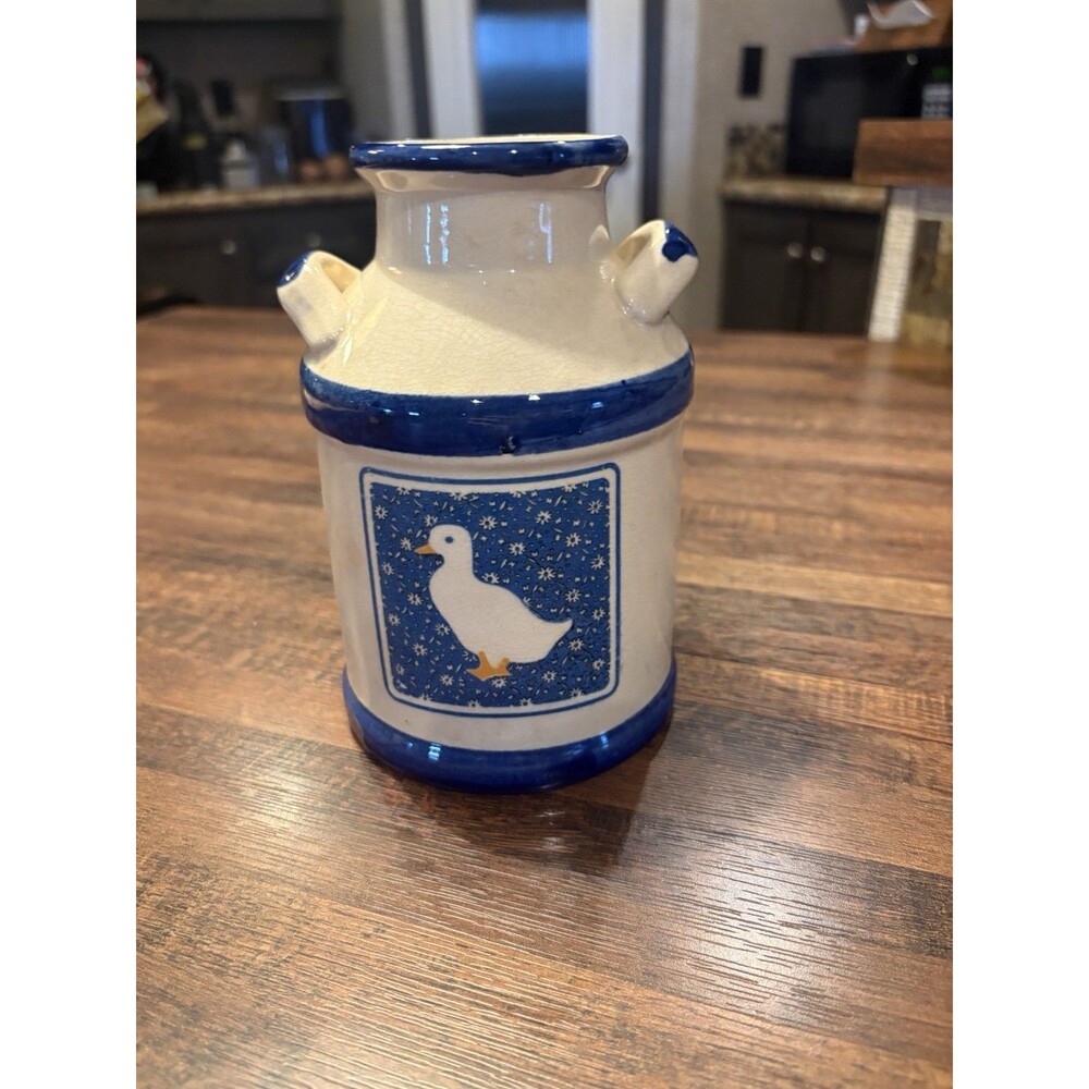 Ceramic canister, embossed 'MILK', duck motif, blue trim, 6" tall, Taiwan